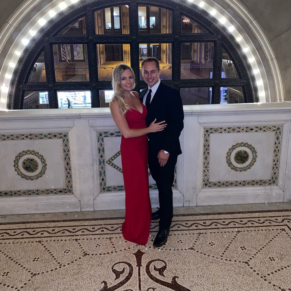 Red Windsor maxi dress with slit, size medium